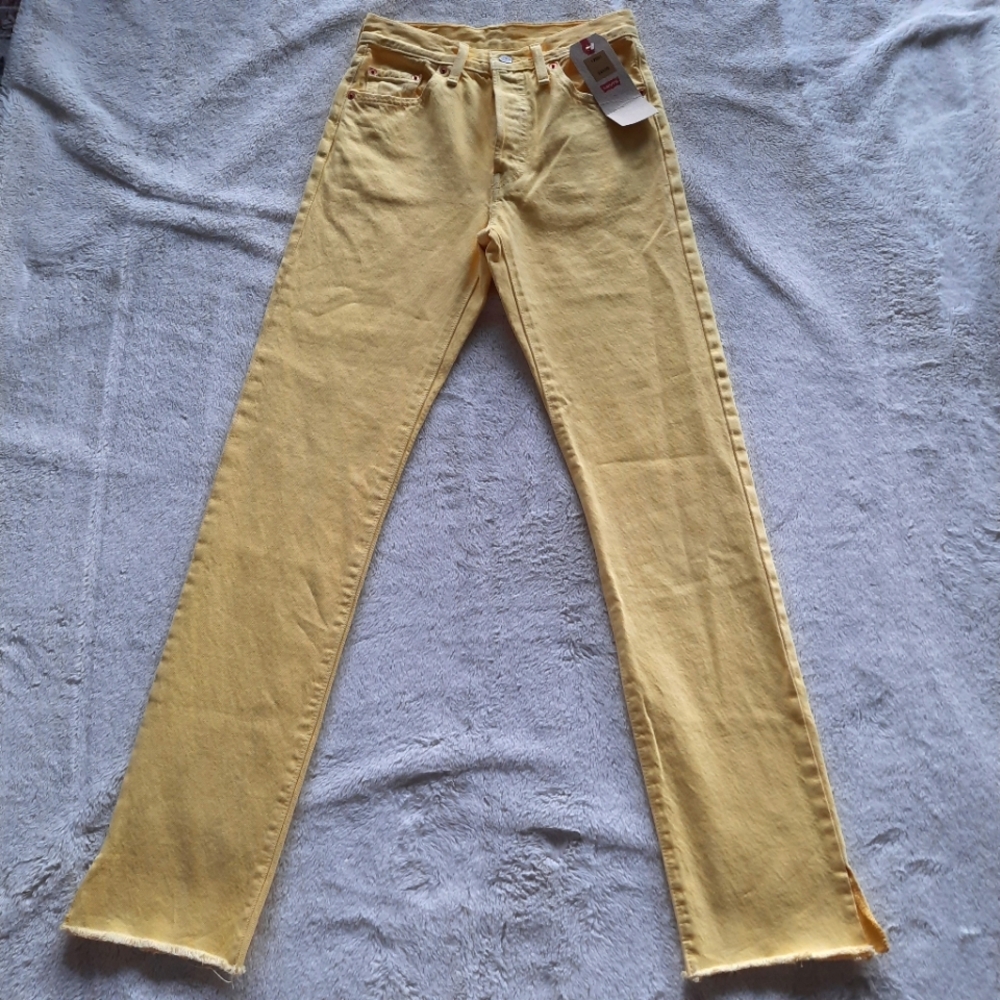 NWT Levi's 501 Yellow Denim Jeans Women Sz 24/30 Tall Slim 100% Cot. Ankle Slits